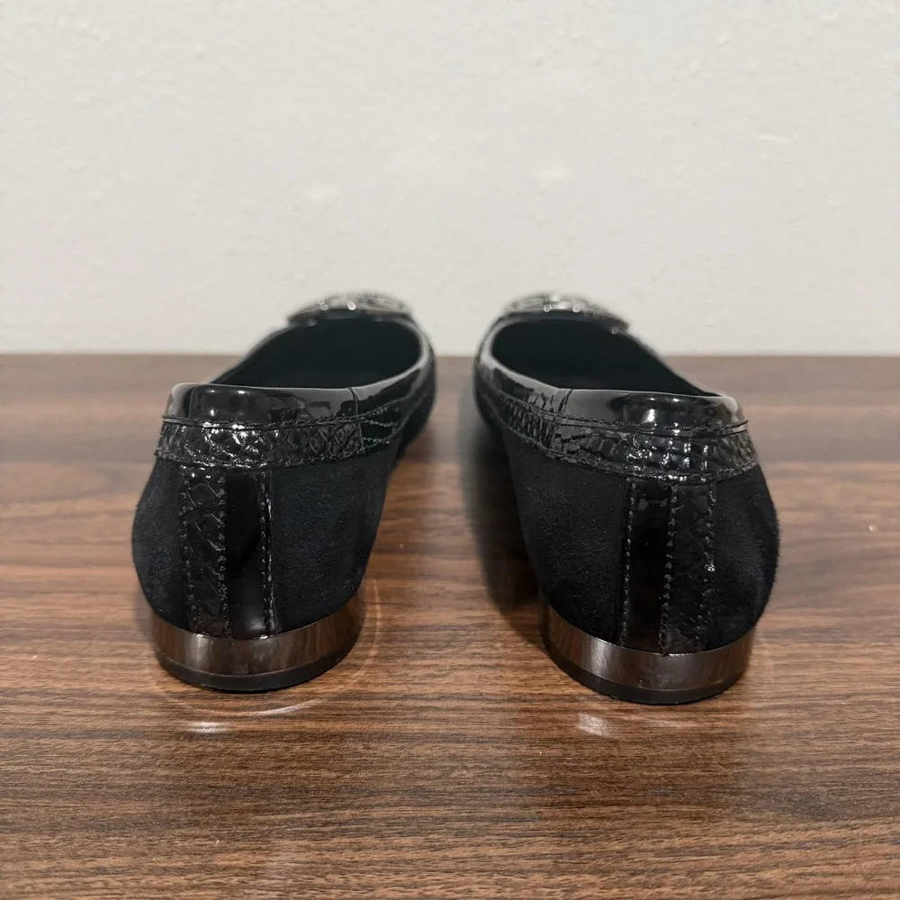 Tory Burch Logo Ballet Flat Shoes Black Suede Square Toe‎ Medallion Women's 7.5